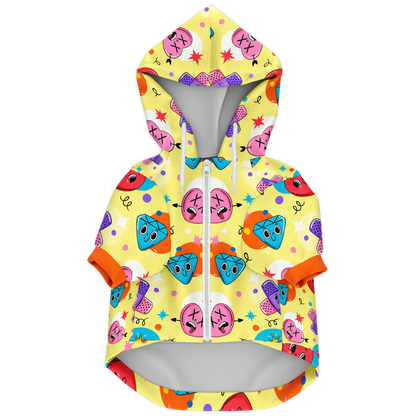 Front flat lay of emoji print dog hoodie with zipper and hood
