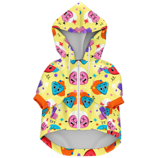 Front flat lay of emoji print dog hoodie with zipper and hood