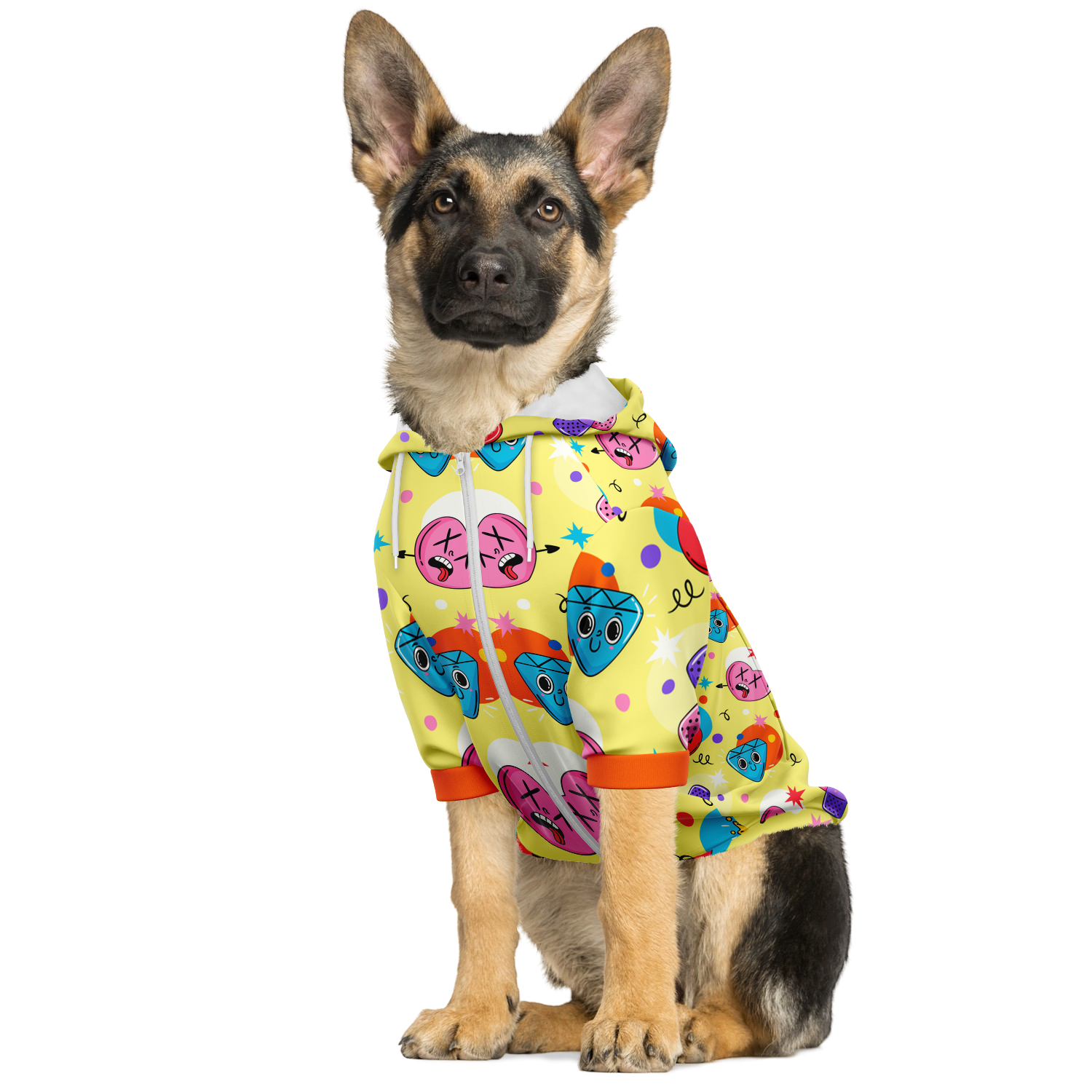 Dog sitting in emoji print dog hoodie with all-over fun expressions