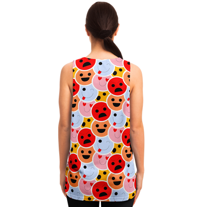 Back view of female model wearing Emoji Vibes Tank Top decorated with cheerful multicolor emojis