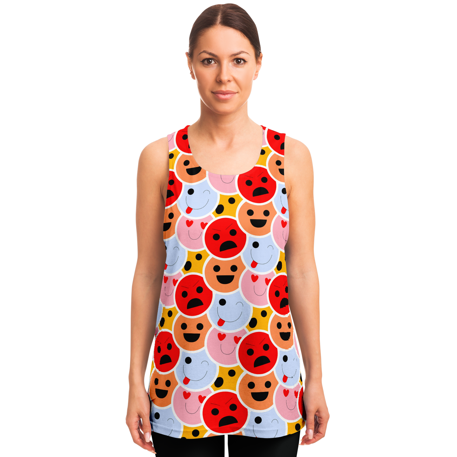 Front view of woman modeling Emoji Vibes Tank Top with playful all-over emoji design