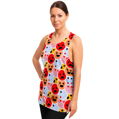 Side profile of woman in Emoji Vibes Tank Top showcasing bold and fun emoji print