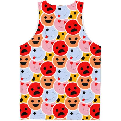 Flatlay back view of Emoji Vibes Tank Top with a vibrant mix of happy, silly, and surprised emoji faces
