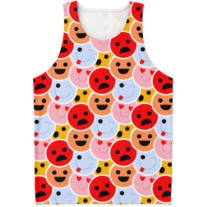  Flatlay front view of Emoji Vibes Tank Top featuring colorful expressive emoji pattern on white background