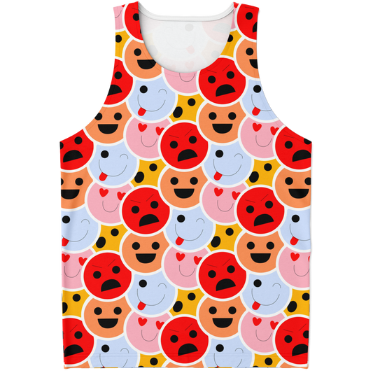 Flatlay front view of Emoji Vibes Tank Top featuring colorful expressive emoji pattern on white background