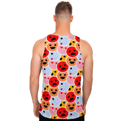  Back view of male model in Emoji Vibes Tank Top with vibrant, humorous emoji graphics