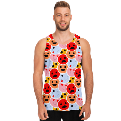  Front view of man modeling Emoji Vibes Tank Top with quirky and animated emoji expressions