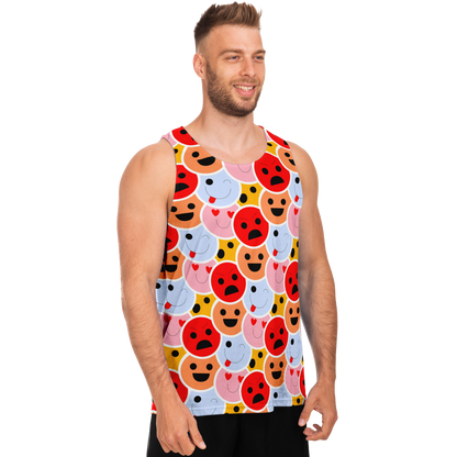  Side view of man wearing Emoji Vibes Tank Top featuring a lively emoji face pattern