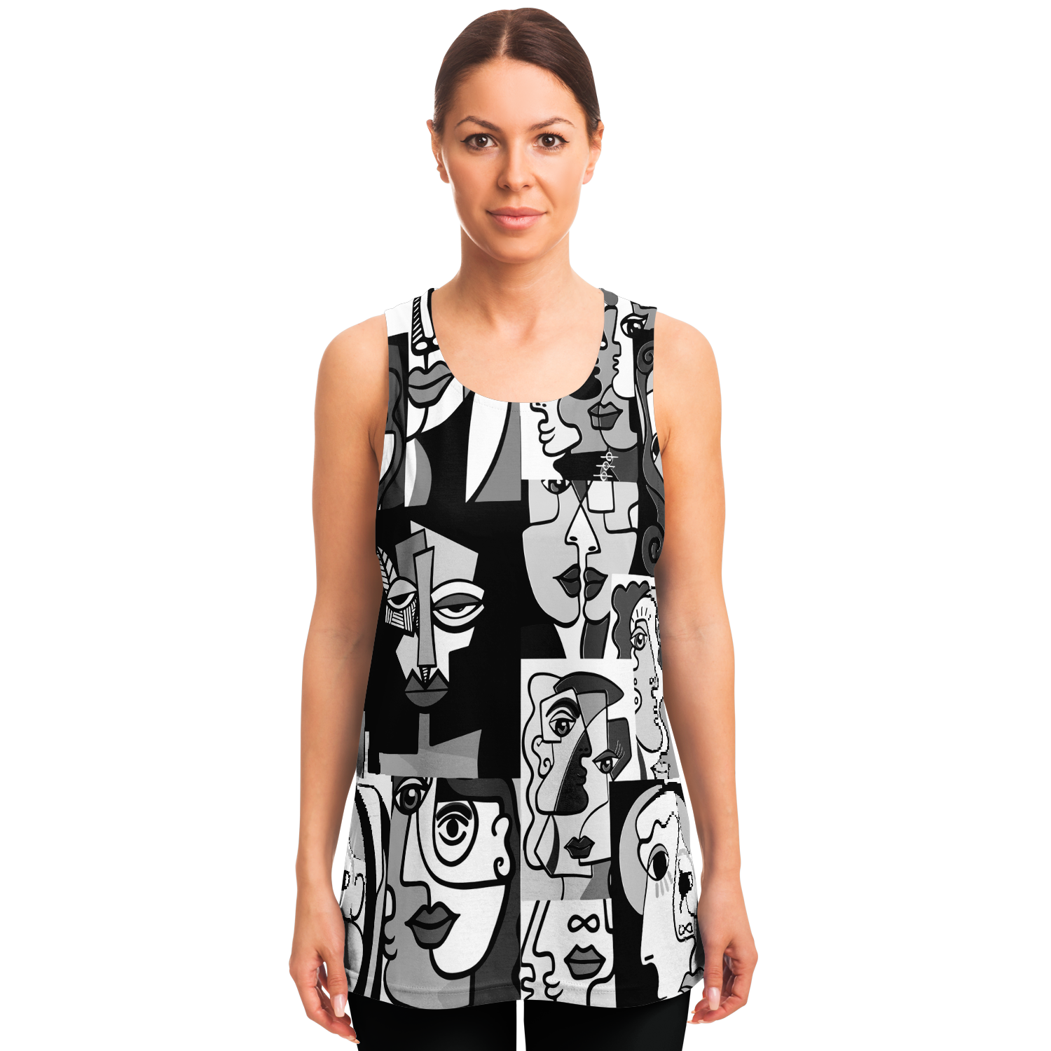  Front view of woman modeling Face Fusion Tank Top with bold monochrome artistic face graphics