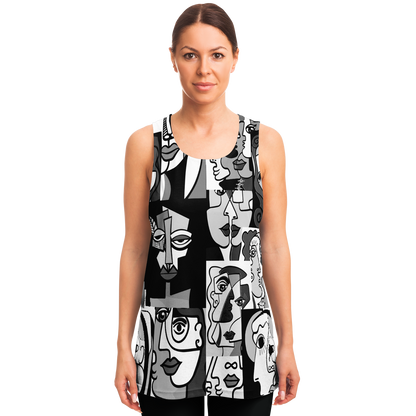 Front view of woman modeling Face Fusion Tank Top with bold monochrome artistic face graphics