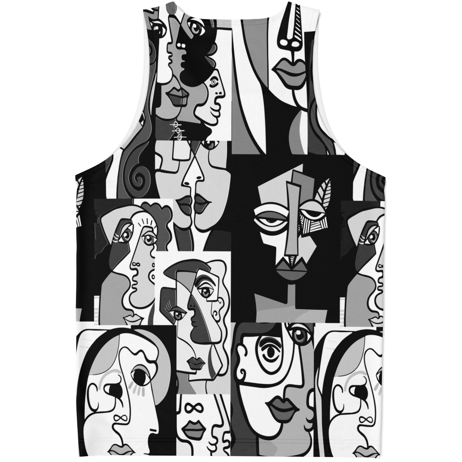 Flatlay back view of Face Fusion Tank Top showcasing a seamless collage of expressive line-drawn faces