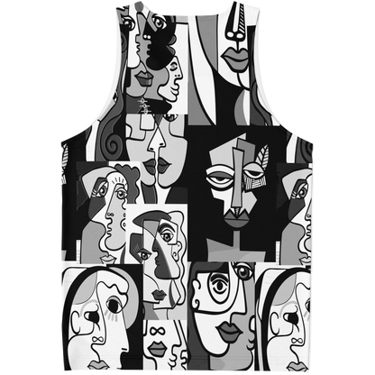 Flatlay back view of Face Fusion Tank Top showcasing a seamless collage of expressive line-drawn faces