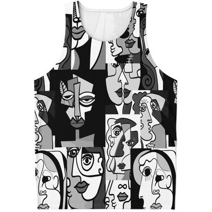 Flatlay front view of Face Fusion Tank Top featuring abstract black and white artistic faces pattern
