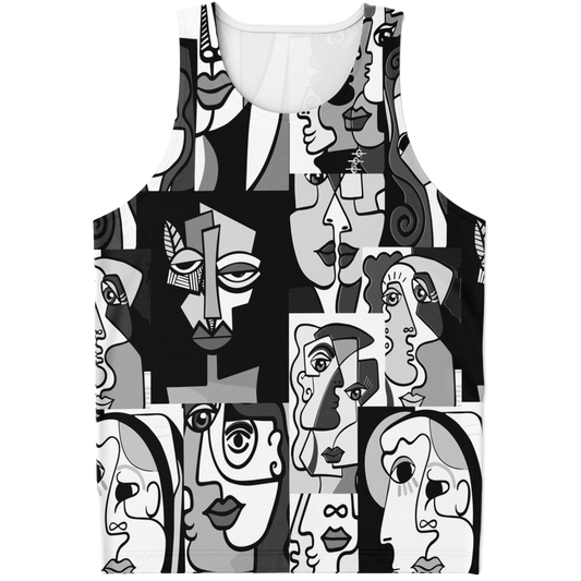 Flatlay front view of Face Fusion Tank Top featuring abstract black and white artistic faces pattern
