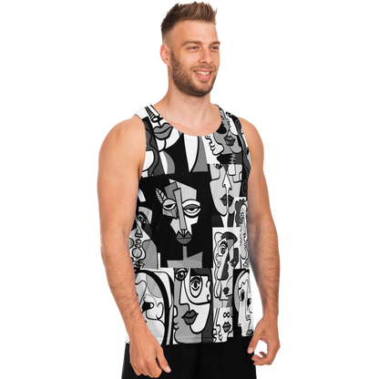 Male model in angled pose wearing Face Fusion Tank Top with linear artistic faces design
