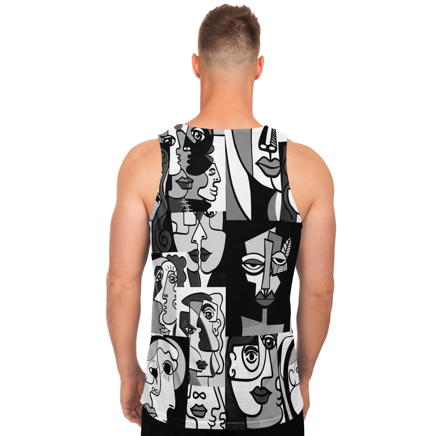  Back view of male model wearing Face Fusion Tank Top with detailed abstract art faces design