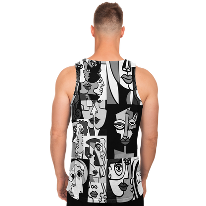  Back view of male model wearing Face Fusion Tank Top with detailed abstract art faces design