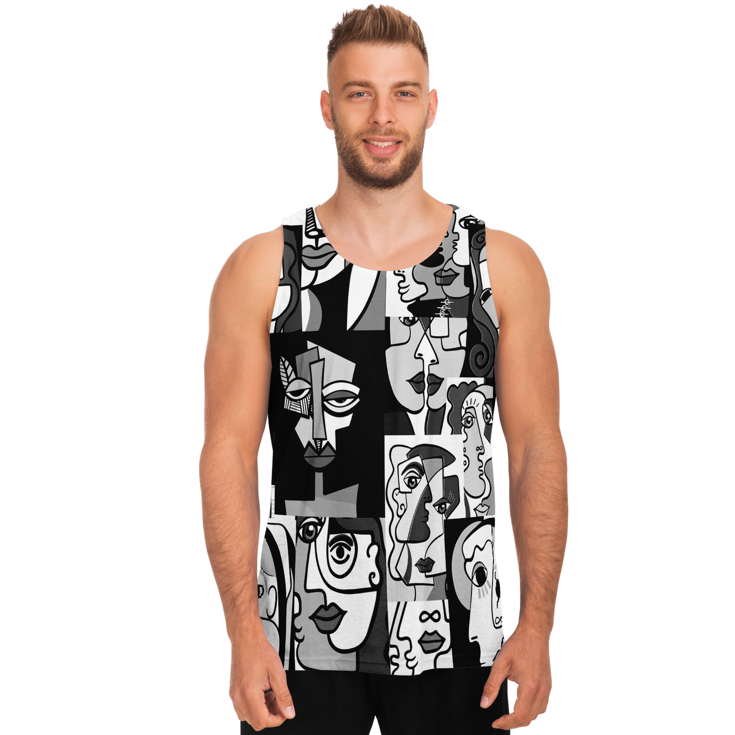 Male model front view in Face Fusion Tank Top with expressive face artwork