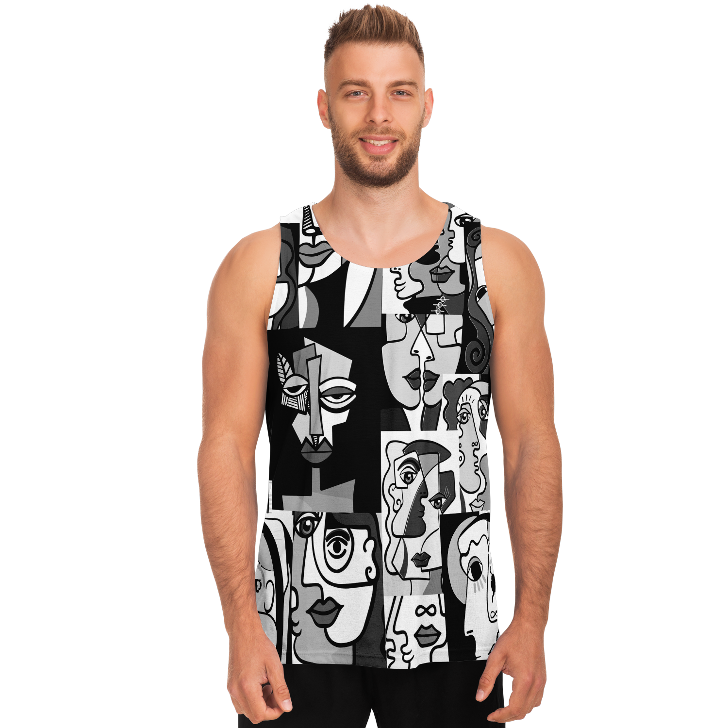  Male model front view in Face Fusion Tank Top with expressive face artwork