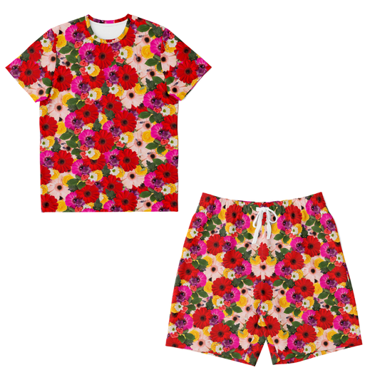 Front view of floral co-ord set with red flower-printed T-shirt and shorts laid flat