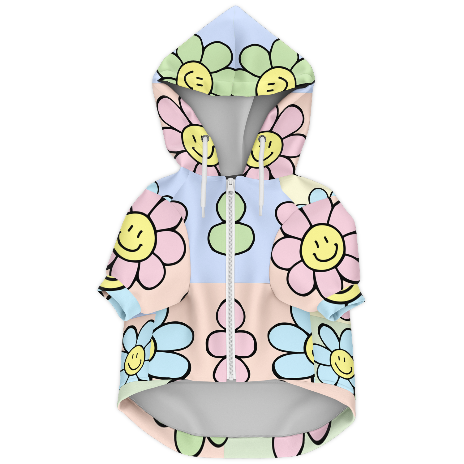 Front flat lay of floral print dog hoodie with pastel smiley flowers and zipper