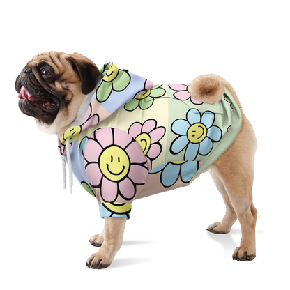 Dog standing in floral print hoodie with all-over colorful flower design