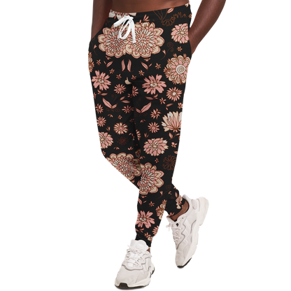 Floral Print Joggers – Model in motion pose emphasizing comfort and print visibility