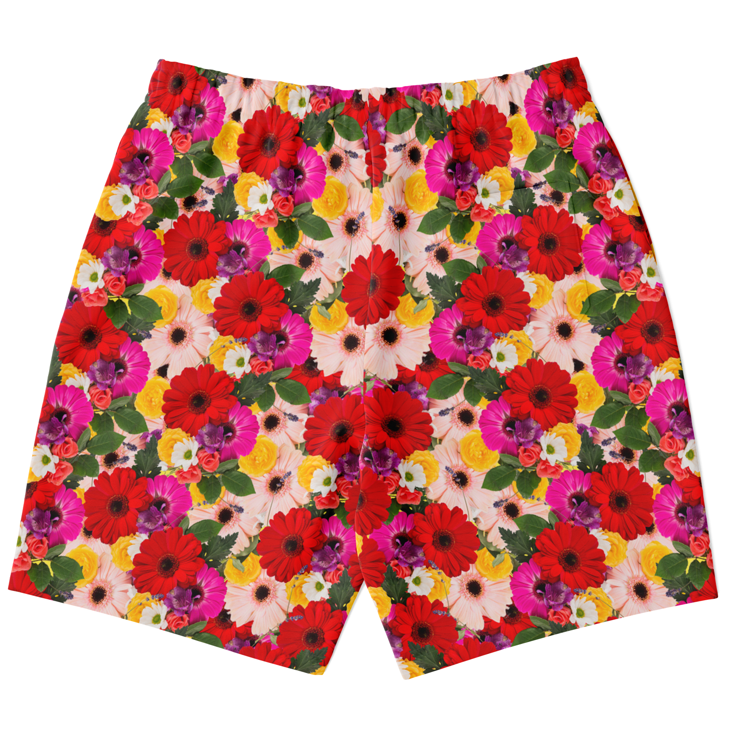Back view of floral co-ord shorts with high-definition red floral print