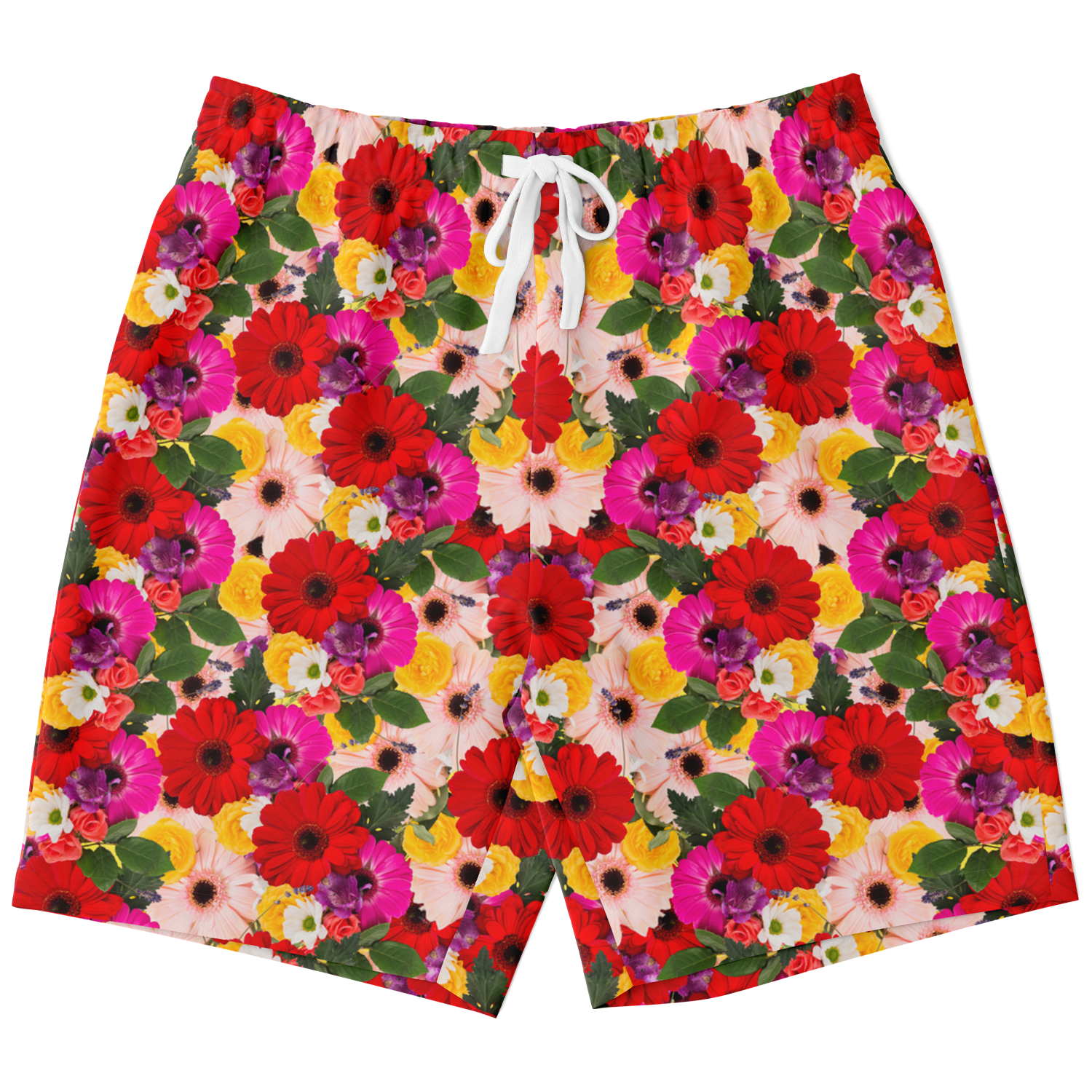 Front view of floral print shorts with drawstring and bright red flower pattern