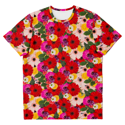 Front of floral co-ord T-shirt with vivid multicolor flower print