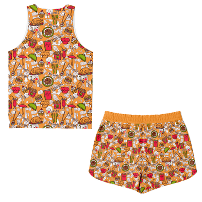 Back view of Foody Fit co-ord set featuring all-over fruit and snack print