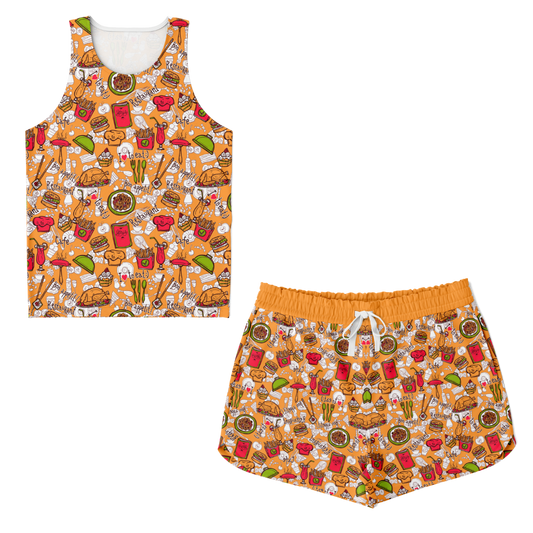Front view of Foody Fit co-ord set with orange-themed tank top and shorts laid flat