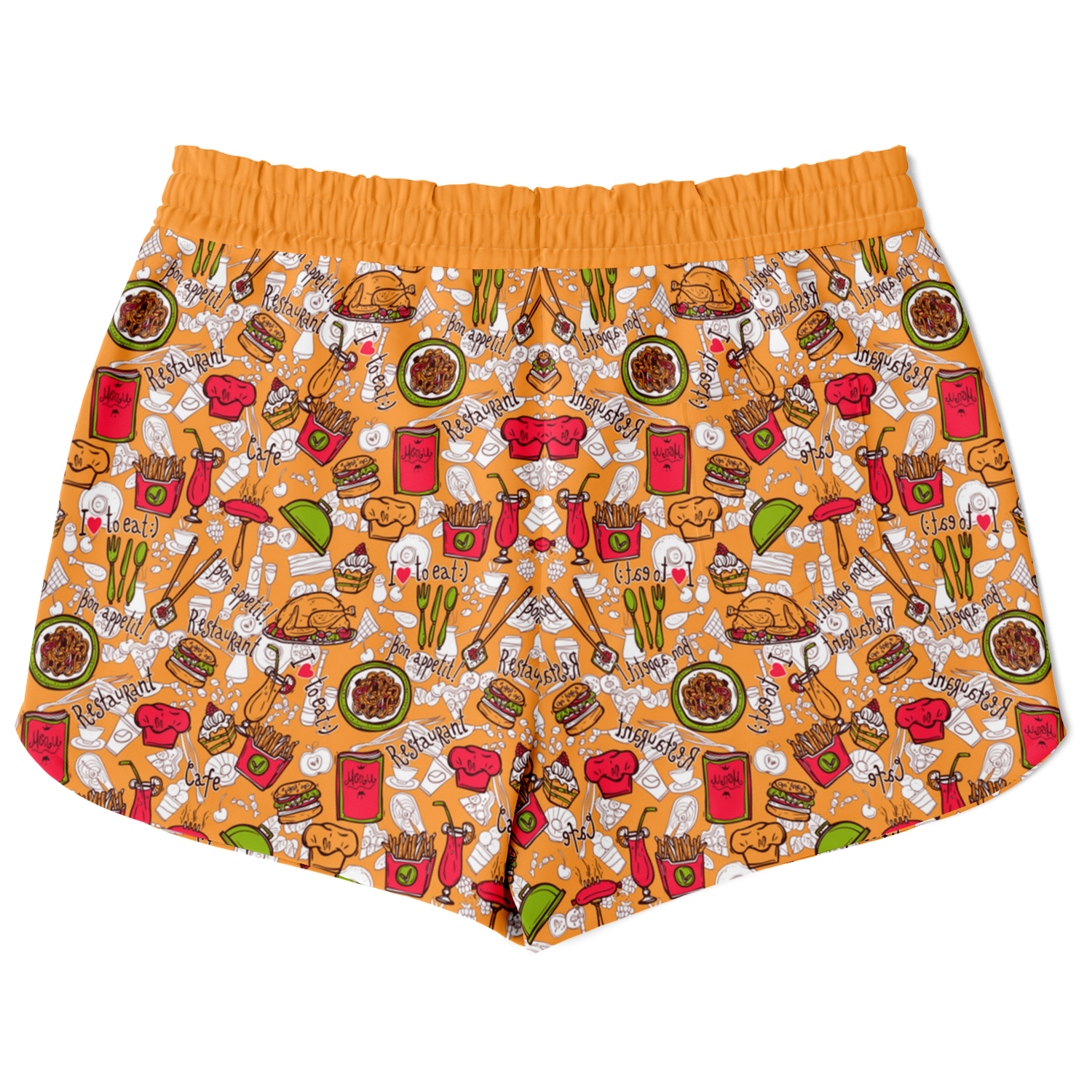 Back view of Foody Fit co-ord shorts with fun fruit and snack-themed print