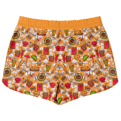Back view of Foody Fit co-ord shorts with fun fruit and snack-themed print