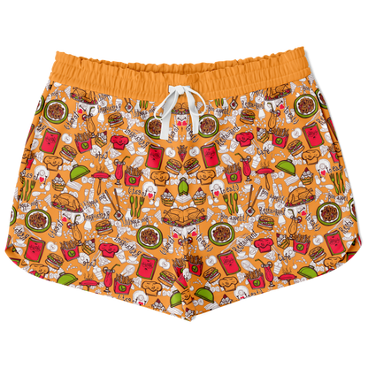 Front view of Foody Fit co-ord shorts with orange waistband and graphic print