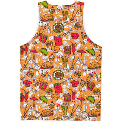 Back of Foody Fit tank top with high-definition food graphics in warm colors
