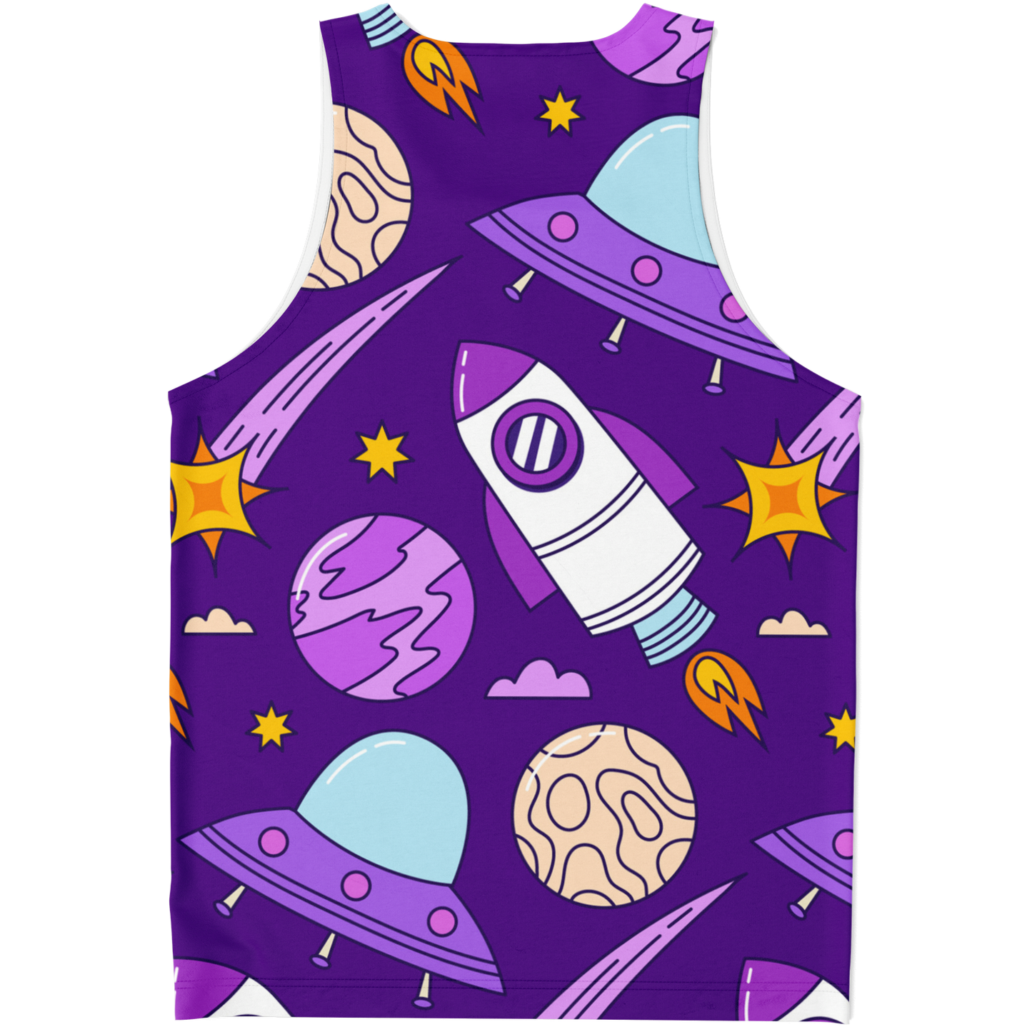 Flatlay back view of Galaxy Glow Tank Top showcasing colorful galactic illustrations on a purple background