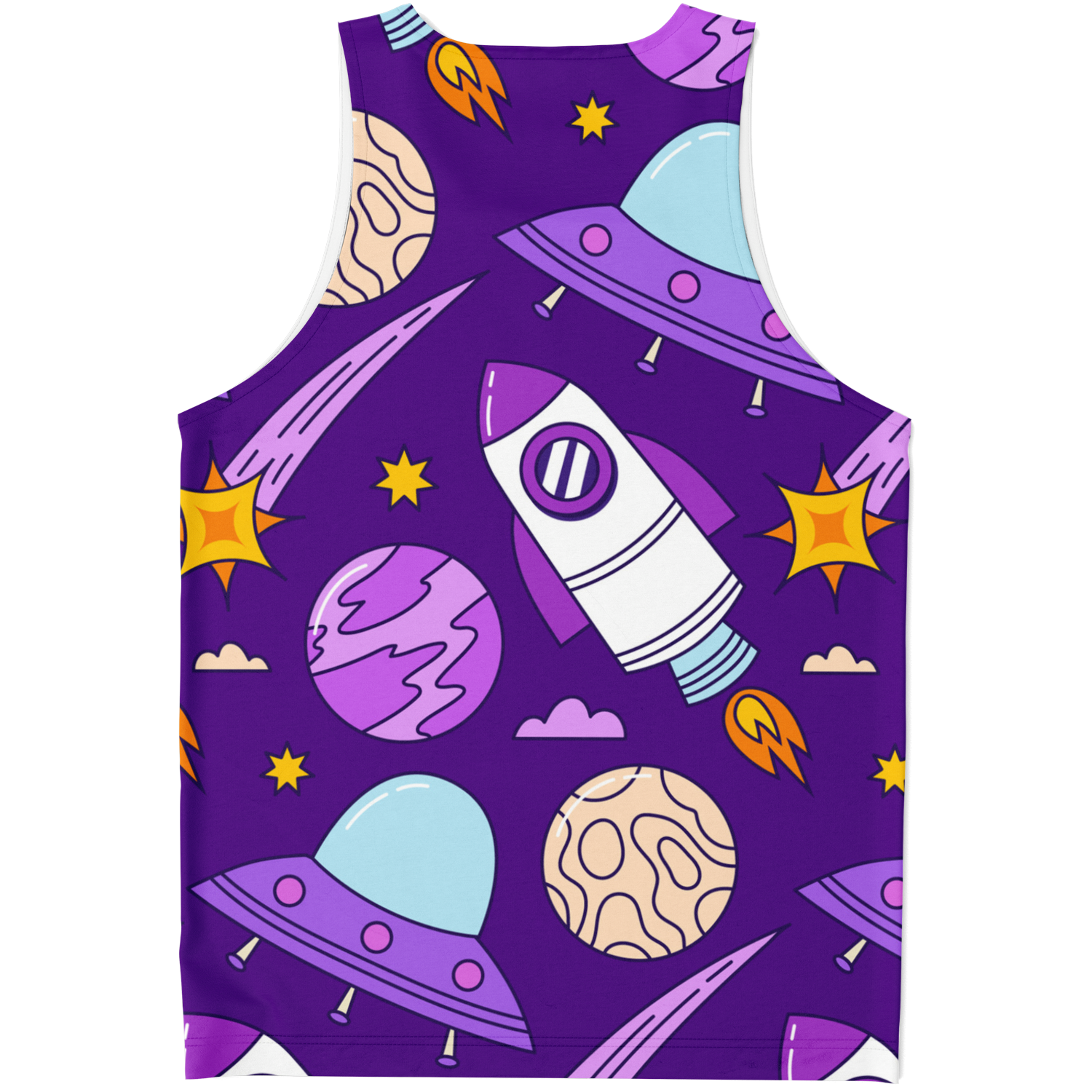 Flatlay back view of Galaxy Glow Tank Top showcasing colorful galactic illustrations on a purple background