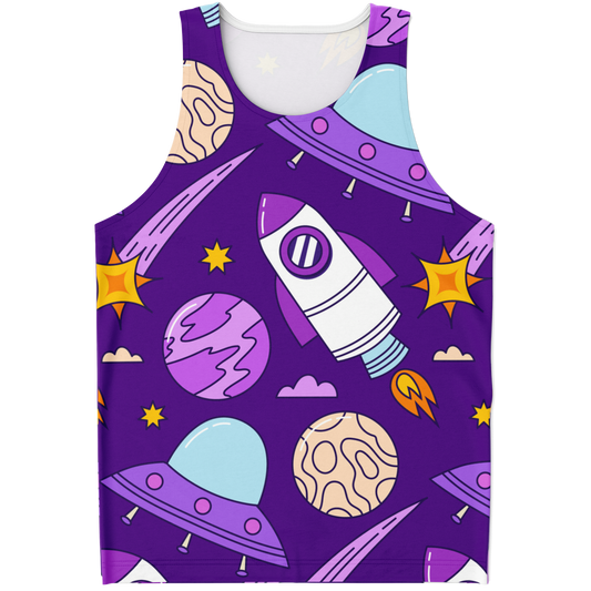 Flatlay front view of Galaxy Glow Tank Top featuring a vibrant cartoon space design with planets and rockets