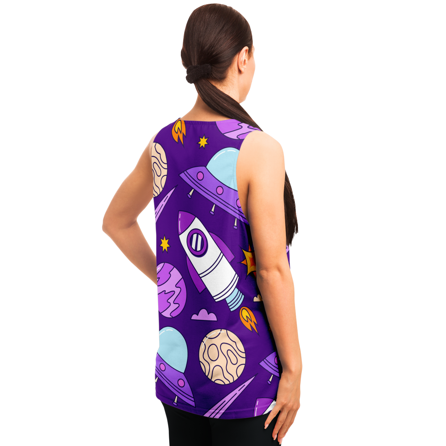 Angled back view of female model wearing Galaxy Glow Tank Top with cosmic icons and planets