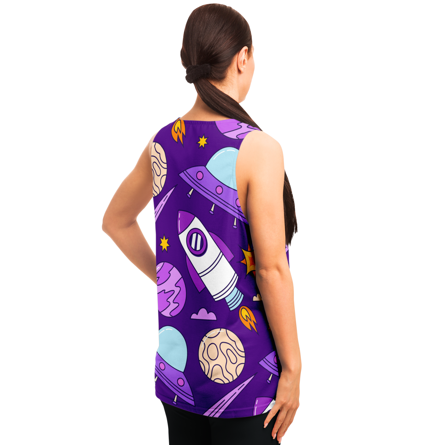 Angled back view of female model wearing Galaxy Glow Tank Top with cosmic icons and planets