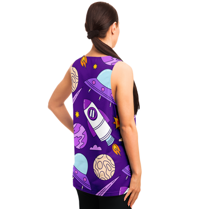 Angled back view of female model wearing Galaxy Glow Tank Top with cosmic icons and planets