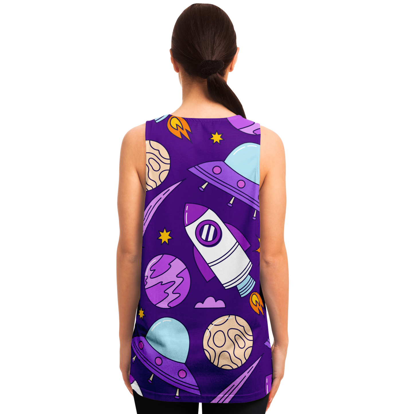 Back view of female model in Galaxy Glow Tank Top with detailed outer space artwork