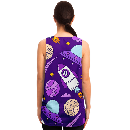 Back view of female model in Galaxy Glow Tank Top with detailed outer space artwork