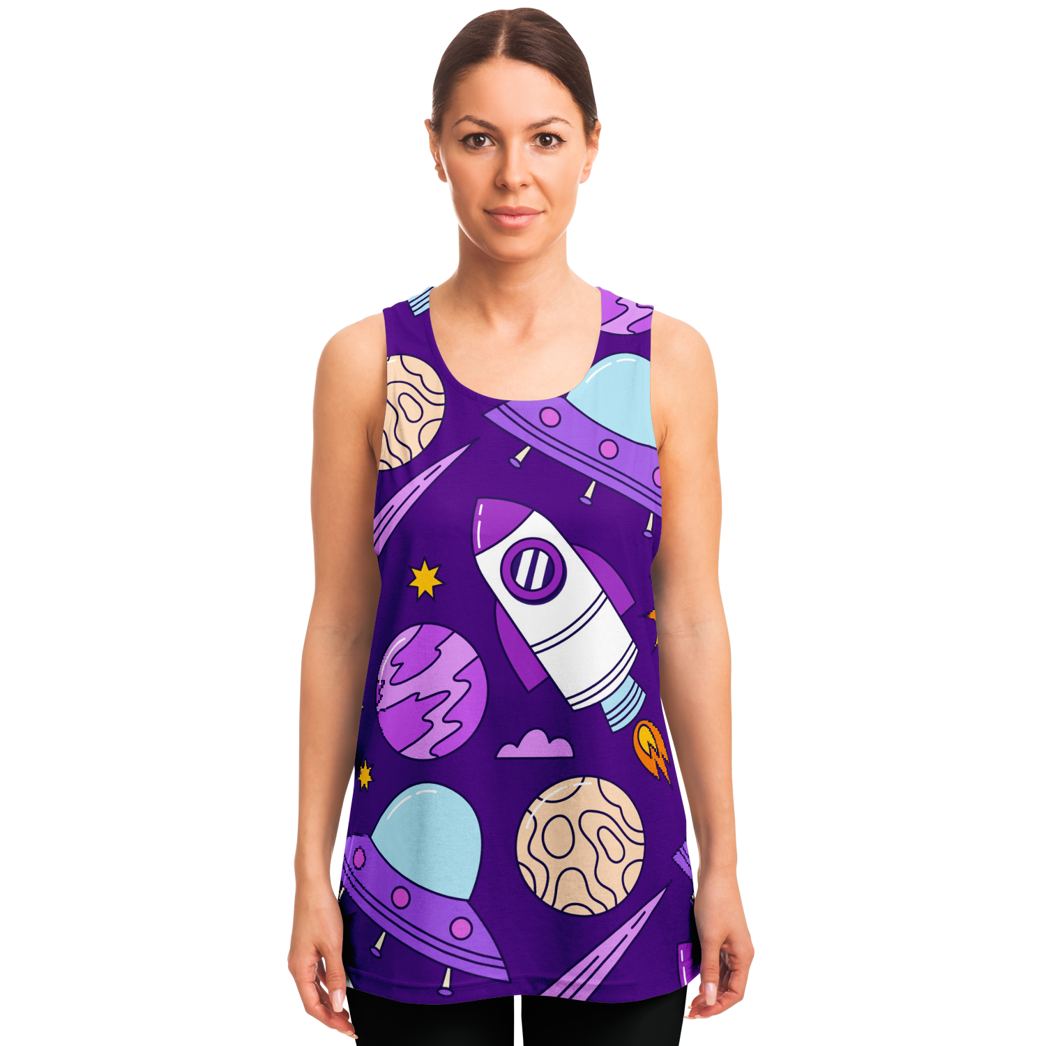  Female model wearing Galaxy Glow Tank Top with playful space elements and glowing stars on the front