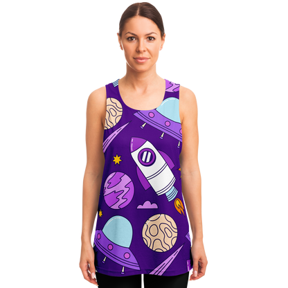  Female model wearing Galaxy Glow Tank Top with playful space elements and glowing stars on the front