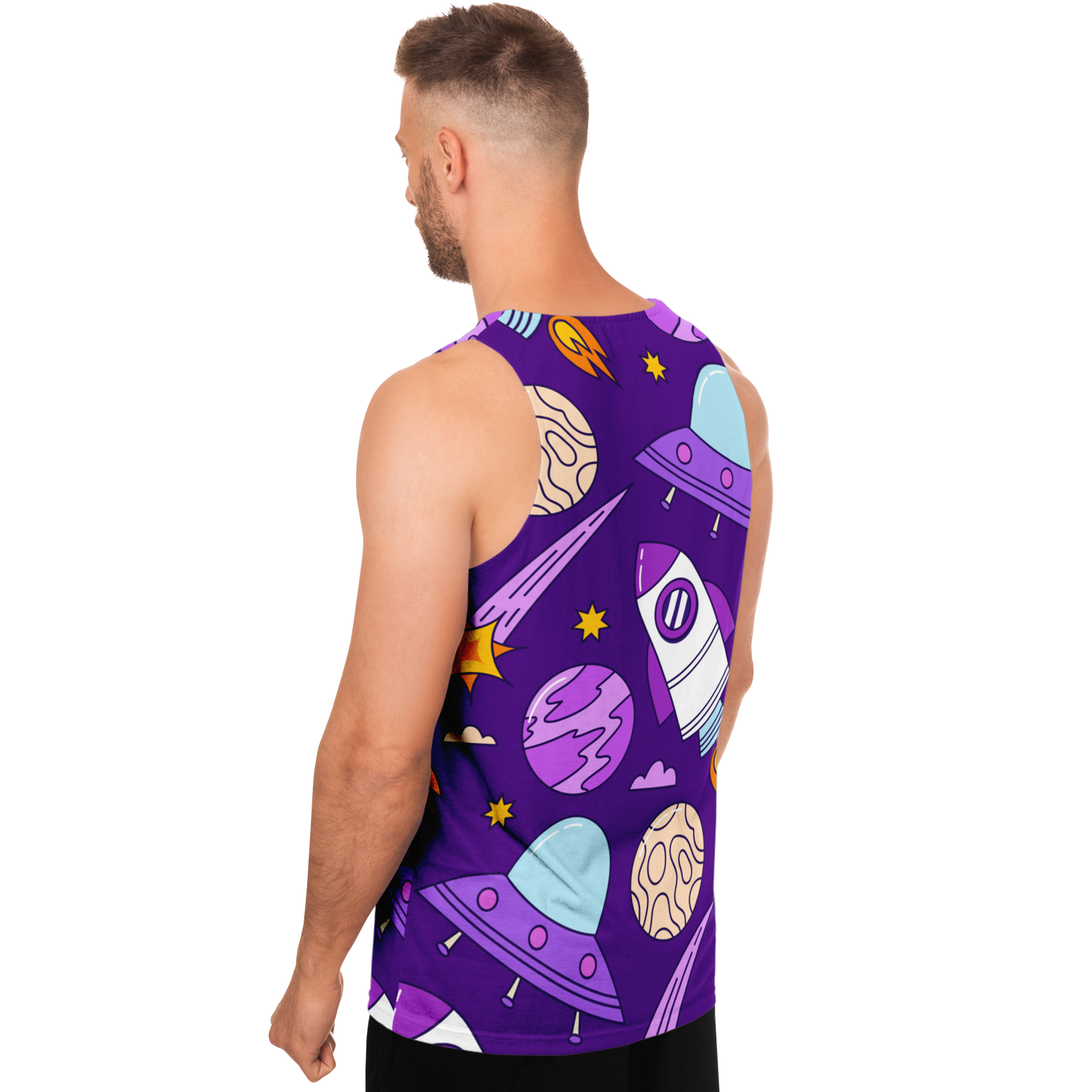 Angled back view of male model wearing Galaxy Glow Tank Top with fun galactic graphics