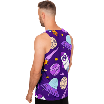 Angled back view of male model wearing Galaxy Glow Tank Top with fun galactic graphics