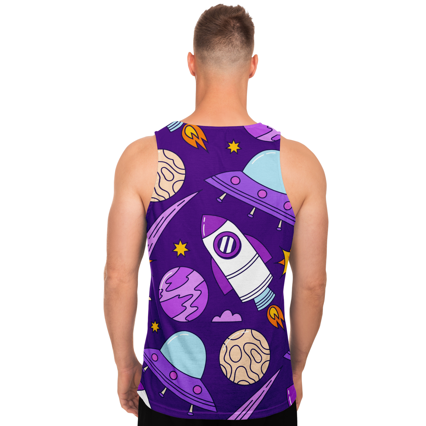 Back view of male model in Galaxy Glow Tank Top featuring vivid purple space design