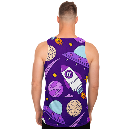 Back view of male model in Galaxy Glow Tank Top featuring vivid purple space design